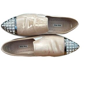 Miu Miu Nude Patent Leather Slip-On Loafers with Crystal Toe Cap